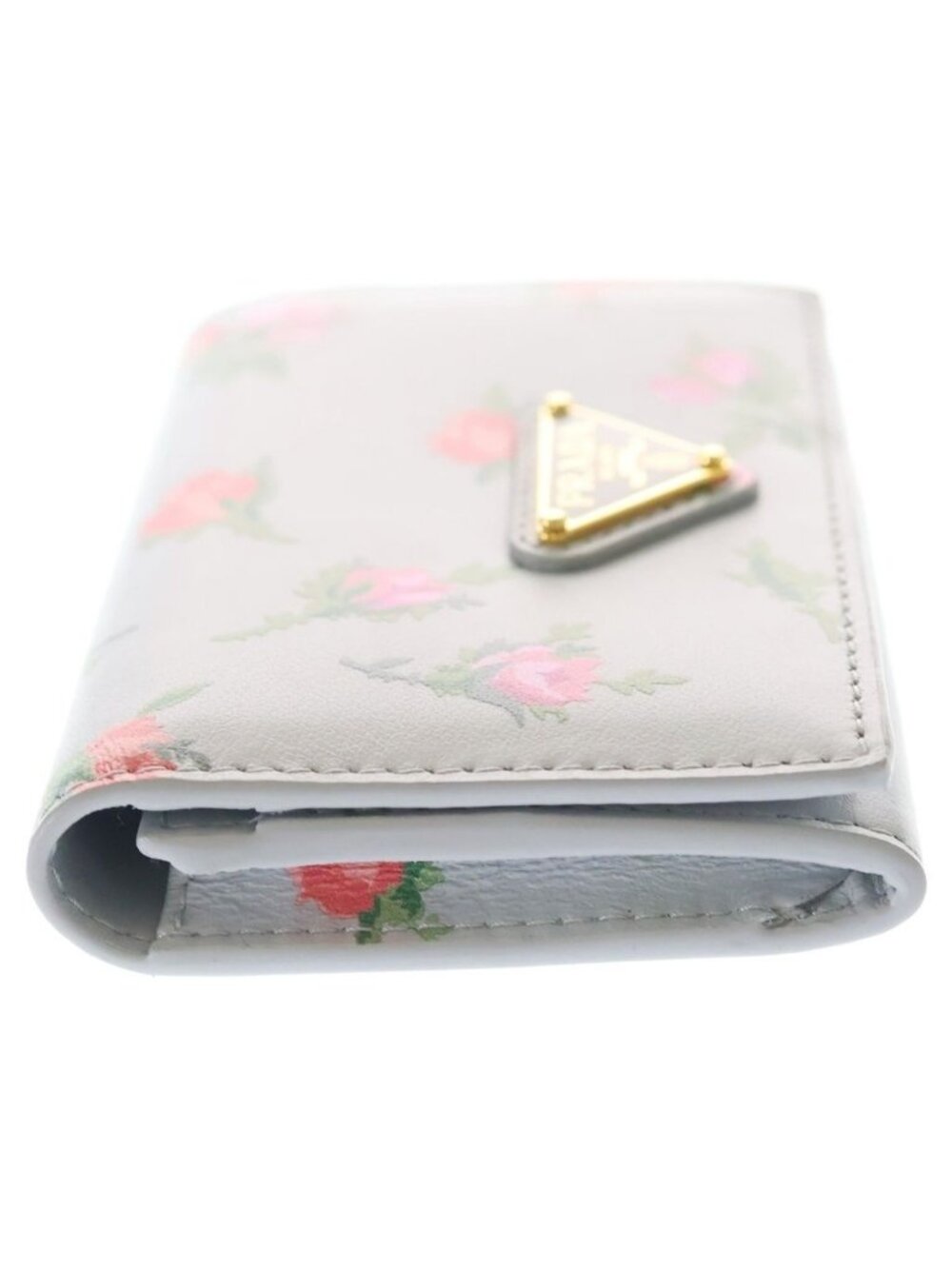Prada Saffiano Triangle Logo Card Case Compact Wallet Bifold Flower Motif - Picture 3 of 6